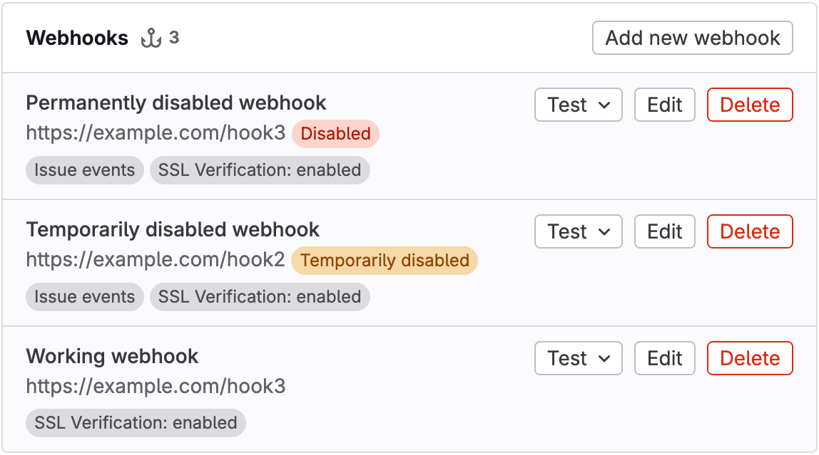 Webhook 列表显示已禁用和暂时禁用的状态徽章。