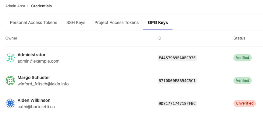 Credentials inventory page - GPG keys