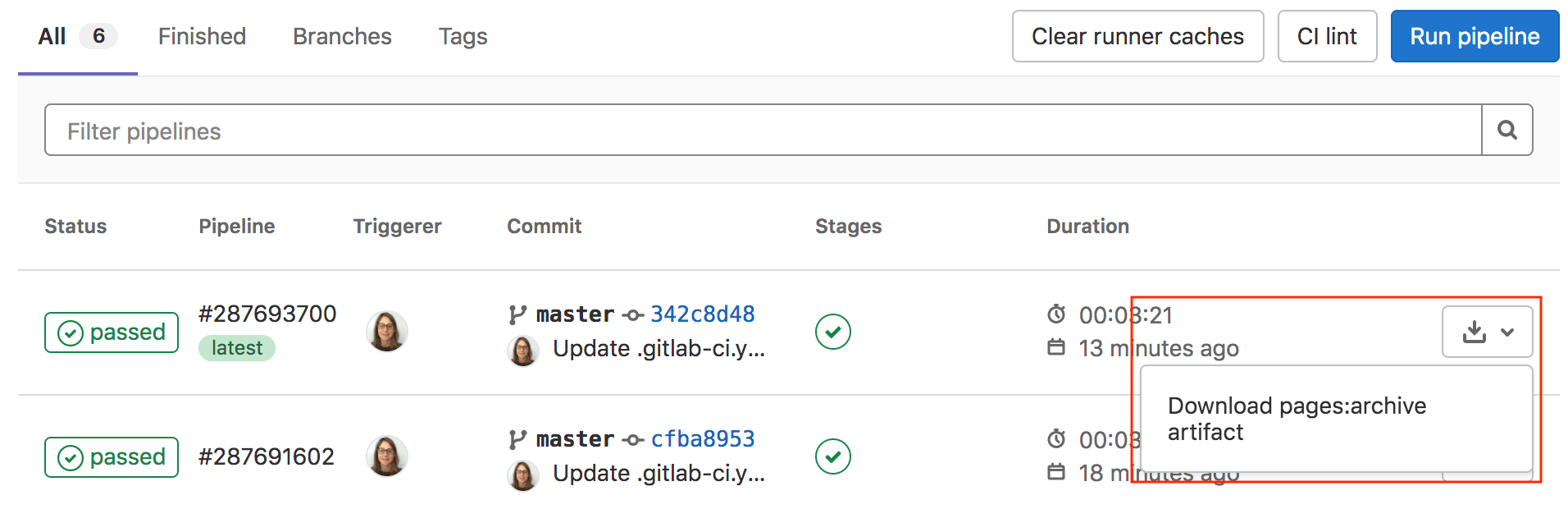 Job artifacts in Pipelines page