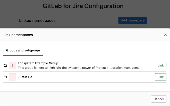 Link namespace in GitLab for Jira Cloud app